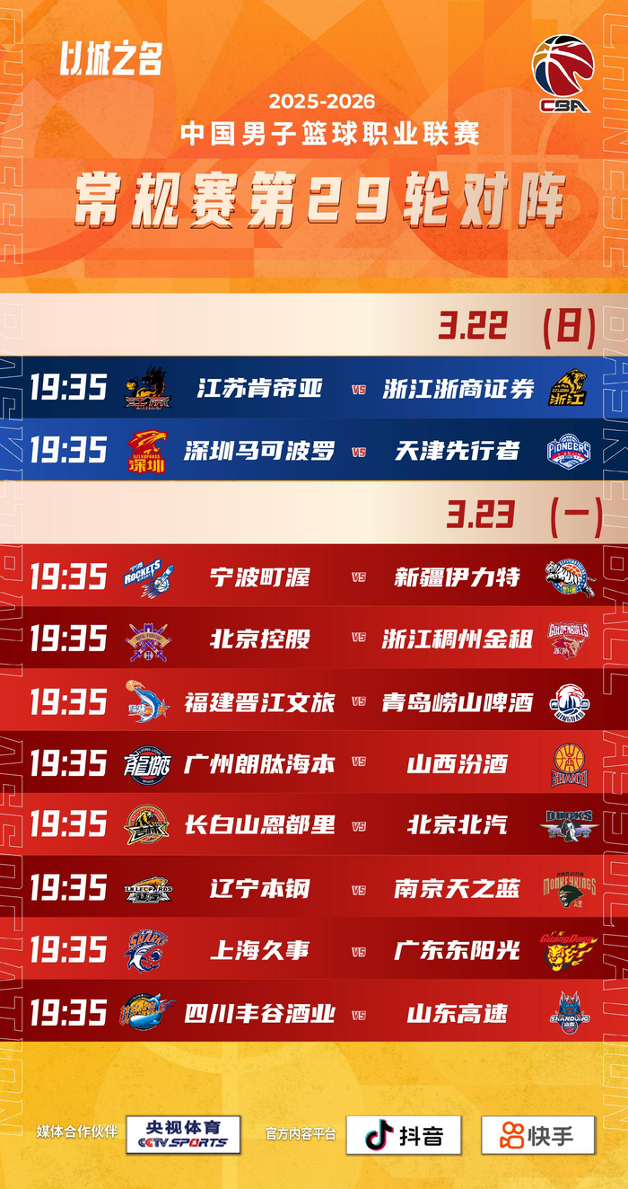 2026赛季CBA常规赛第二十九轮今开打 两日赛事看点